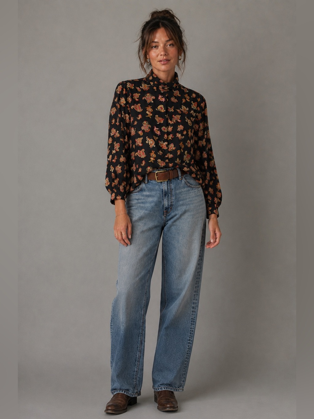 Vintage Pendleton Petite Paisley Tie Neck Blouse Womens Black Long Sleeve - 12